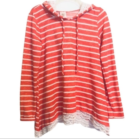 Self Esteem Coral & White Striped Hoodie Lace Casual Top Size M - Picture 1 of 4